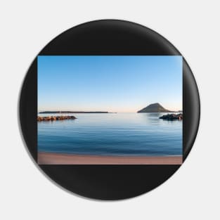 Landmark Mount Maunganui on horizon across Tauranga harbour at sunrise Pin