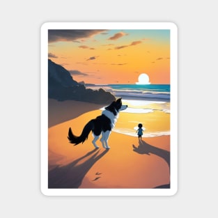 child playing with a dog on the beach. Magnet