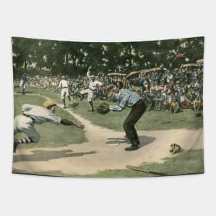 Vintage Sports, Baseball Player Sliding Safe into Home Plate Tapestry