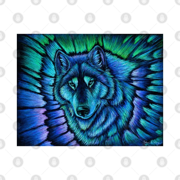 Colorful Blue Fantasy Wolf Aurora by rebeccawangart