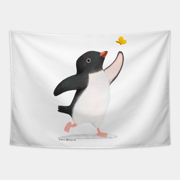 Adelie Penguin and butterfly Tapestry by julianamotzko