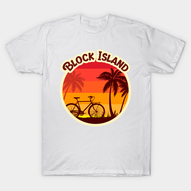 Discover Block Island Sunshine in a Beach with a Lonely Palm Tree and Bicycle T-shirt and Sticker - Block Island - T-Shirt