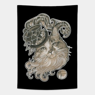 Kitty in a Tentacle Top Hat - White Outlined Version Tapestry
