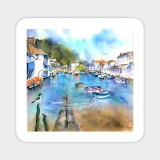 Landscape painting in watercolour of the harbour at Polperro Magnet