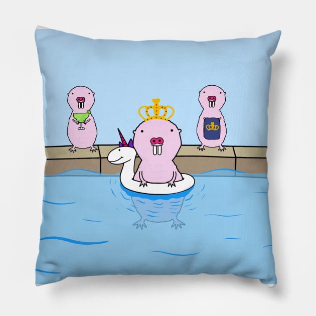 Naked Mole Rat Pool Day Pillow by Coconut Moe Illustrations