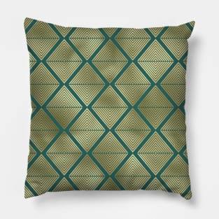 Teal and Gold Vintage Art Deco Lined Diamonds Pattern Pillow