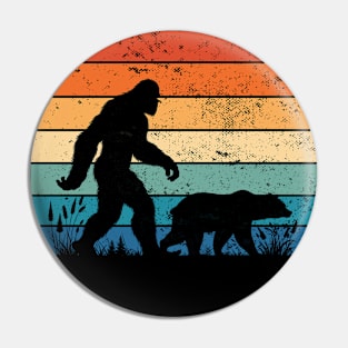 Vintage Bigfoot Hiking With Bear Retro Sunset Outdoor Pin