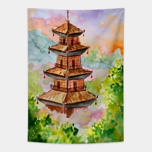 Japanese Pagoda in Autumn Forest Tapestry