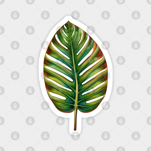 Watercolor Green Teal Yellow Red Tropical Leaf Magnet by CatyArte