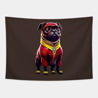 Cute Pug in Red Iron Suit - Adorable Dog in Custom Metal Costume Tapestry