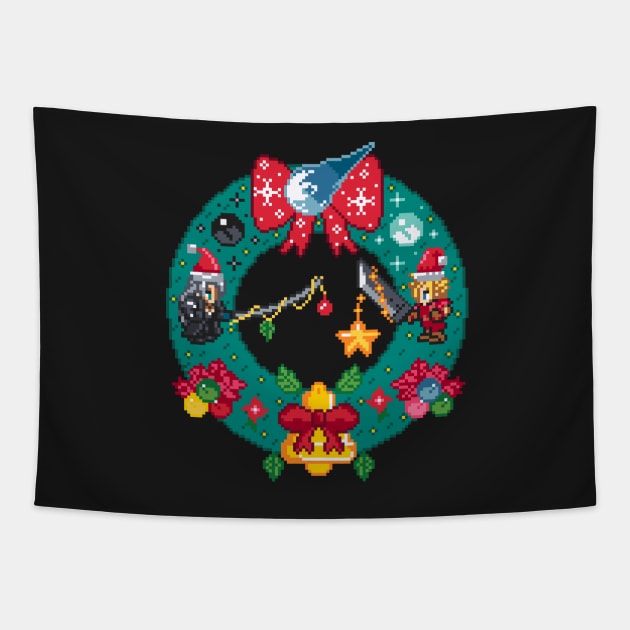 Final Fantasy 7 Christmas Wreath Pixel Art Tapestry by AlleenasPixels