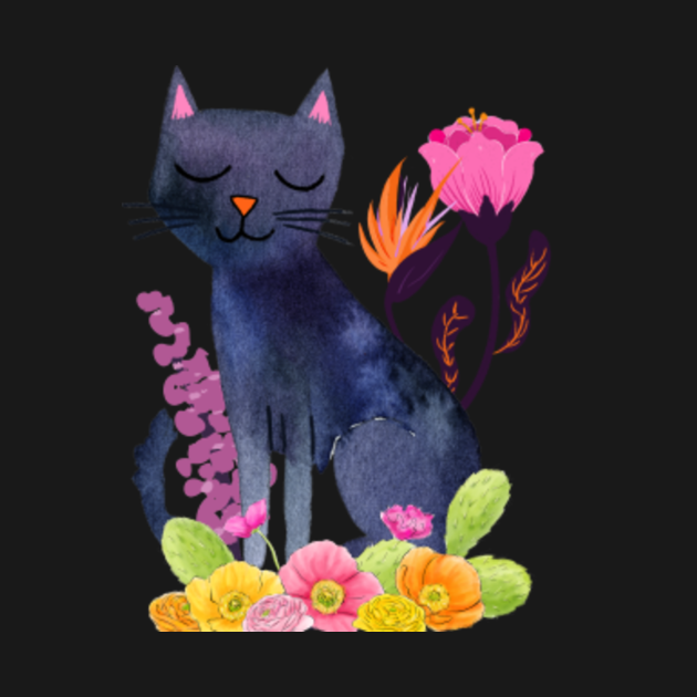 Black cat with Flowers - Black Cat With Flowers - T-Shirt | TeePublic