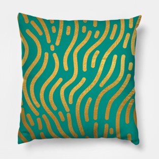 Teal Blue Gold colored abstract lines pattern Pillow