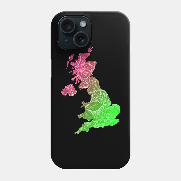 Colorful mandala art map of United Kingdom with text in pink and green Phone Case by Happy Citizen