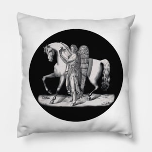 Classic angel next to the majestic horse. Vintage drawing in black and white Pillow