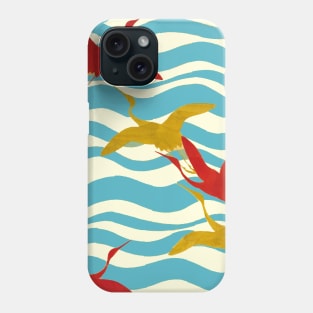 RED YELLOW FLYING CRANES ON WHITE BLUE SEA WAVES Phone Case