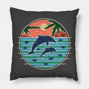 Dolphins - Rustic Sunset Paradise Scene Pillow