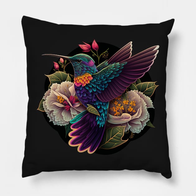 Tropical Hummingbird and Flowers Pillow by SCHummingbirds