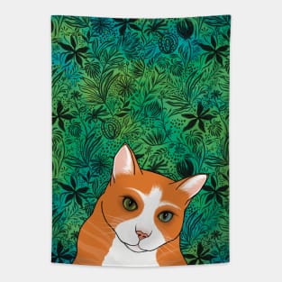 The Cute Ginger cat is watching you from a pattern background Tapestry