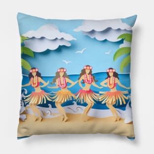 Beach Front Paper Art Hula Wahine Pillow