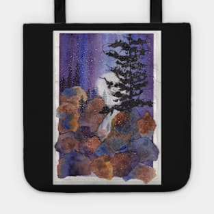 Mountain Moon & Tree Watercolor & Acrylic collage Tote