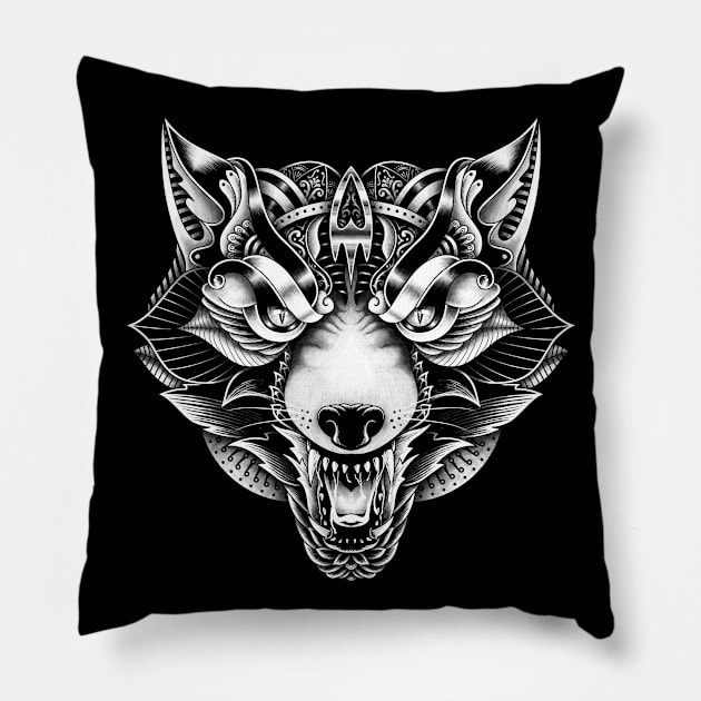 Wolf Angry Ornate Pillow by quilimo