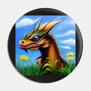 Juvenile Golden Chinese Dragon Rearing up out of the Flowers Pin