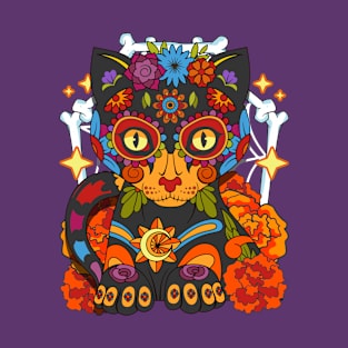 Day of the Dead Cat Colorful Día de Los Muertos Sugar Skull T-Shirt