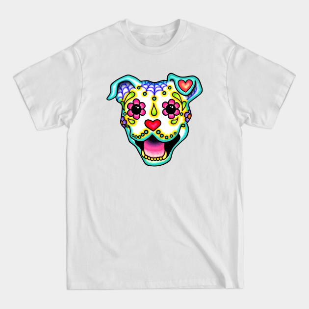 Smiling Pit Bull in White - Day of the Dead Pitbull Sugar Skull Dog - Pitbull - T-Shirt