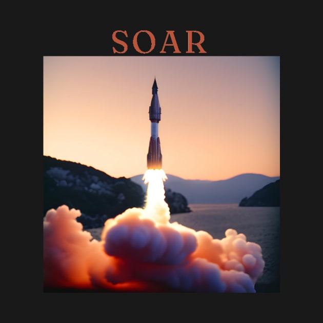 "Solar Soar - Majestic Rocket Launch Tee, Sunset Horizon Design, Vibrant Red, Orange, and White T-shirt, Inspirational 'Soar' Motif, Aesthetic Space Exploration Shirt" by OpticalShirts