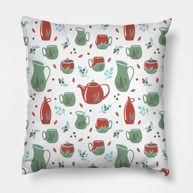 Pattern with ceramic kitchenware and plants Pillow by DanielK