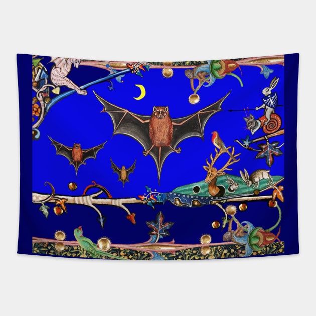 WEIRD MEDIEVAL BESTIARY,FLYING BATS IN BLUE NIGHT ,UNICORN ,KILLER RABBIT Tapestry by BulganLumini