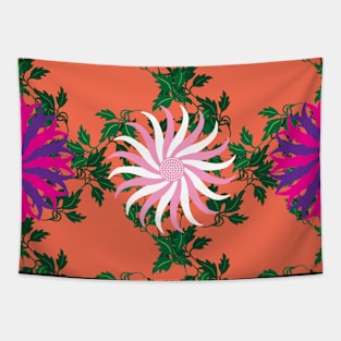 White, Pink, Cerise and Purple Flowers on a Vine Leaves and Orange background Tapestry