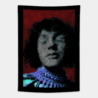 Portrait, digital collage and special processing. Woman with closed eyes. Mystic and beautiful.  Red, blue and green. Tapestry