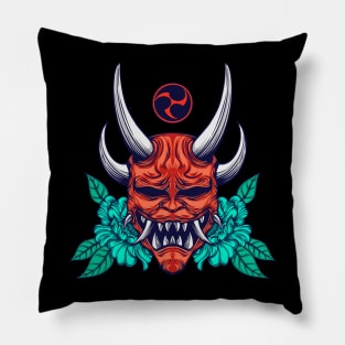 red oni mask with leaves on the back Pillow