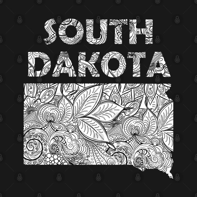 Mandala art map of South Dakota with text in white by Happy Citizen