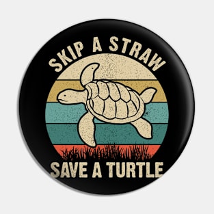 Skip a Straw Save a Turtle for Earthday - Vintage Retro Design T Shirt 3 Pin