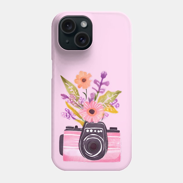 Cute Pink Watercolor Camera and Wildflowers Phone Case by FarmOfCuties