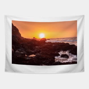 Orange Sunset and Tide Pools Tapestry