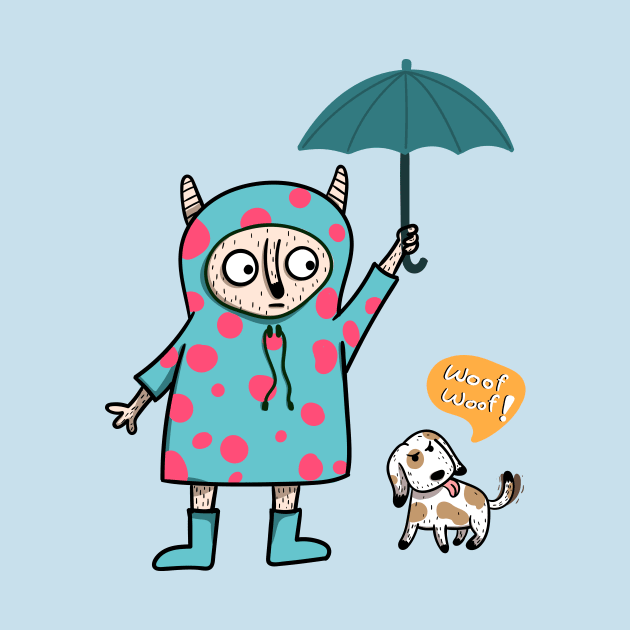 cute-looking monster is holding an umbrella for the dog in the outdoor while heavy rain by Saudung