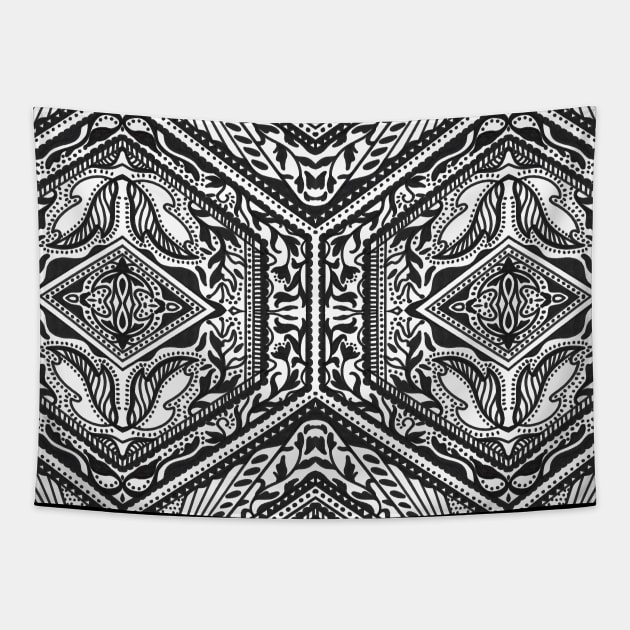 Black and White Hexagon Geometry Tapestry by Carolina Díaz