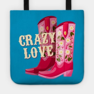 A pair of cowboy boots decorated with flowers and a hand lettering message Crazy Love. Valentine colorful hand drawn illustration in bright vibrant colors. Greeting card design. Tote