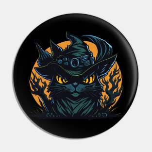 Scary Black Cat Witch Pin