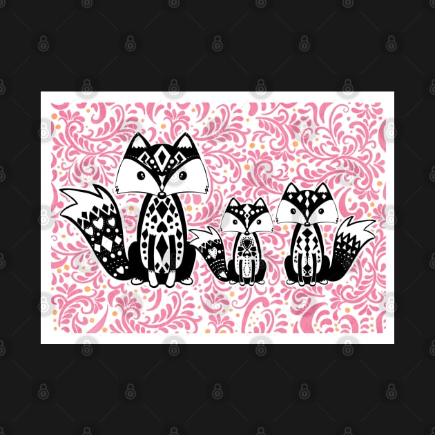 Linoprint Vixen with Cubs Floral Background by NattyDesigns