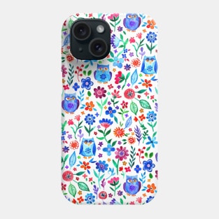 Little Owls and Flowers on White Phone Case