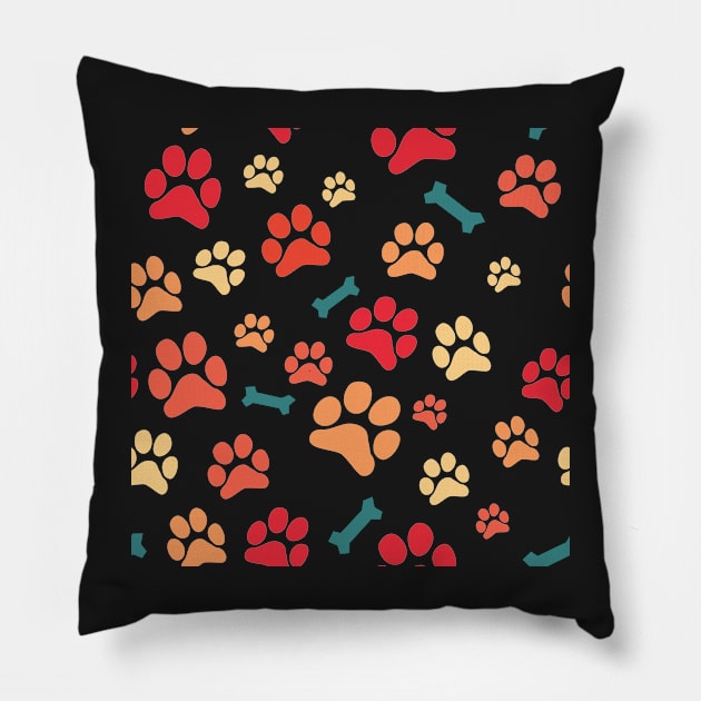 Autumn Color Puppy Paw Prints and Bones On Black Pattern Pillow by SubtleSplit