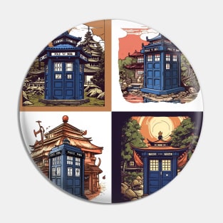 Illustration of four blue tardis in Japan on sunset Pin