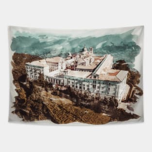 Historic Montecassino Abbey / Mountains of Italy Near Rome / Watercolor Travel Painting Tapestry