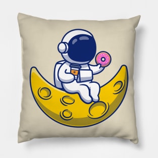 Cute Astronaut With Donut And Coffee On Moon Pillow