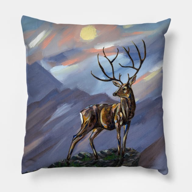 Stag on the mountain by moonlight - Abstract painting. Pillow by seanfleming